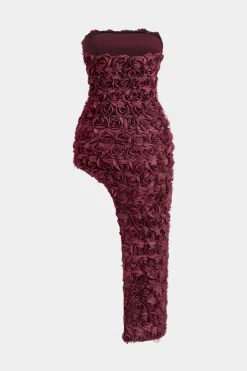 MICAS Midi Dresses-3D Floral Strapless Sleeveless Midi Dress BURGUNDY