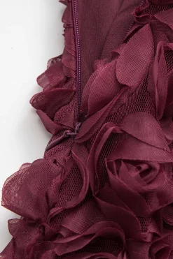 MICAS Midi Dresses-3D Floral Strapless Sleeveless Midi Dress BURGUNDY