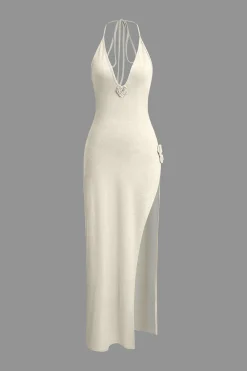 MICAS Maxi Dresses-3D Floral V-Neck Backless Slit Maxi Dress