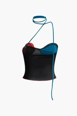 MICAS Tank Tops & Cami-3D Flower Contrast Halter Tank Top BLACK