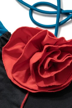 MICAS Tank Tops & Cami-3D Flower Contrast Halter Tank Top BLACK