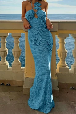 MICAS Knitwear|Knit Dresses-3D Flower Crossed Knit Maxi Dress