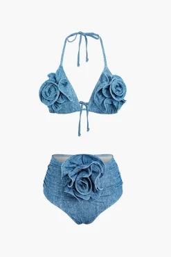 MICAS Vacation Sets|Swimwear-3D Flower Denim Halter Bikini Set BLUE