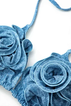 MICAS Vacation Sets|Swimwear-3D Flower Denim Halter Bikini Set BLUE
