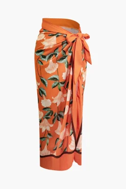 MICAS Swimwear|Vacation Sets-3D Flower Tie Halter Cut Out Swimsuit And Wrap Knot Cover Up Skirt Set ORANGE