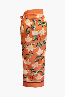 MICAS Swimwear|Vacation Sets-3D Flower Tie Halter Cut Out Swimsuit And Wrap Knot Cover Up Skirt Set ORANGE