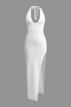 MICAS Midi Dresses-Deep-V Neck Halter Backless Slit Midi Dress