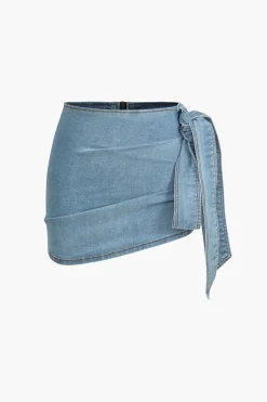 MICAS Skirts-Denim Asymmetrical Bow Skirt STEEL BLUE