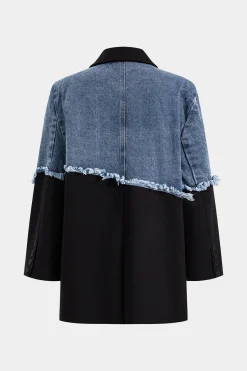 MICAS Outerwear|Outerwear-Denim Button Patchwork Long Sleeve Blazer Contrast Color