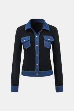 MICAS Long Sleeve Tops|Long Sleeves Tops-Denim Button Patchwork Pocket Long-Sleeve Top BLACK