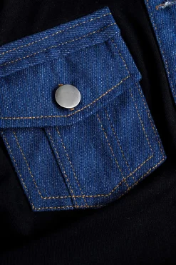 MICAS Long Sleeve Tops|Long Sleeves Tops-Denim Button Patchwork Pocket Long-Sleeve Top BLACK