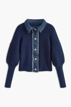 MICAS Knitwear|Knit Tops-Denim Contrast Button-Up Sweater Cardigan DARK BLUE