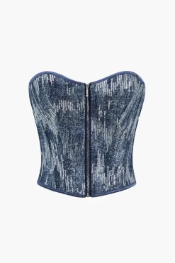 MICAS Tube Tops-Denim Corset Sequin Zipper Tube Top DARK WASH BLUE