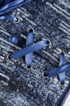 MICAS Tube Tops-Denim Corset Sequin Zipper Tube Top DARK WASH BLUE