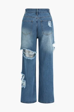 MICAS Jeans-Denim Cut Out Washed Straight Leg Jeans LIGHT WASH BLUE