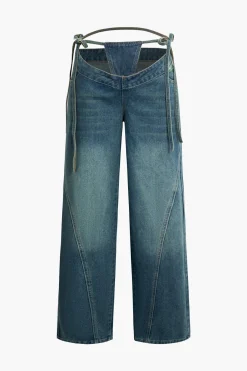 MICAS Jeans-Denim Cut Out Washed Tie-Up Jeans DARK WASH BLUE