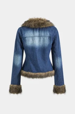 MICAS Outerwear|Outerwear-Denim Faux Fur Patchwork Jacket DARK WASH BLUE