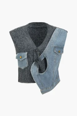 MICAS Knitwear|Knit Tops-Denim Patchwork Asymmetrical Sweater Vest GRAY
