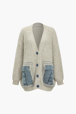 MICAS Outerwear|Knitwear-Denim Patchwork Button Pocket Sweater Cardigan