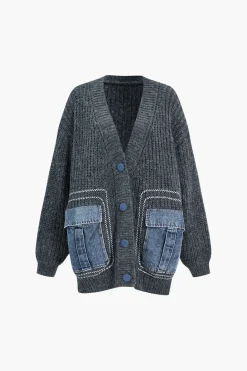 MICAS Outerwear|Knitwear-Denim Patchwork Button Pocket Sweater Cardigan