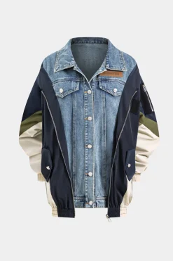 MICAS Outerwear|Outerwear-Denim Patchwork Button Pocket Long-Sleeve Coat Contrast Color