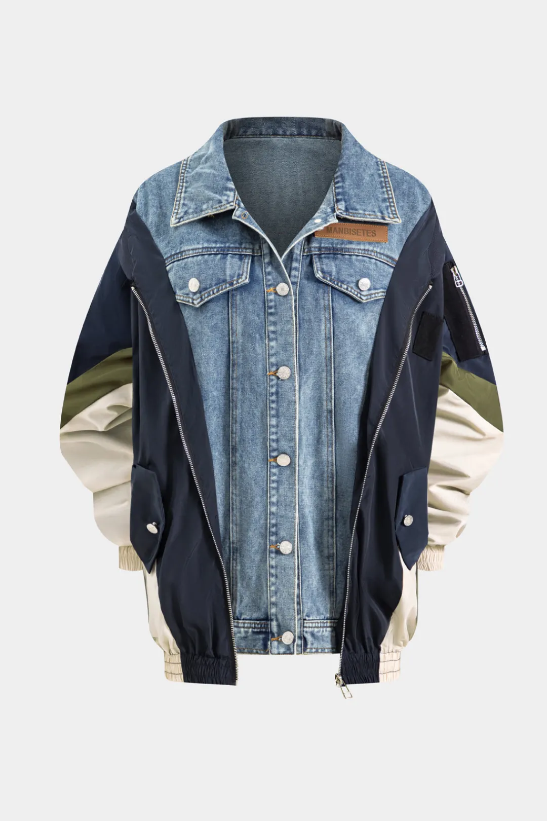 MICAS Outerwear|Outerwear-Denim Patchwork Button Pocket Long-Sleeve Coat Contrast Color