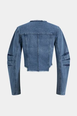 MICAS Outerwear|Outerwear-Denim Patchwork Button Round Neck Pocket Outerwear DARK WASH BLUE