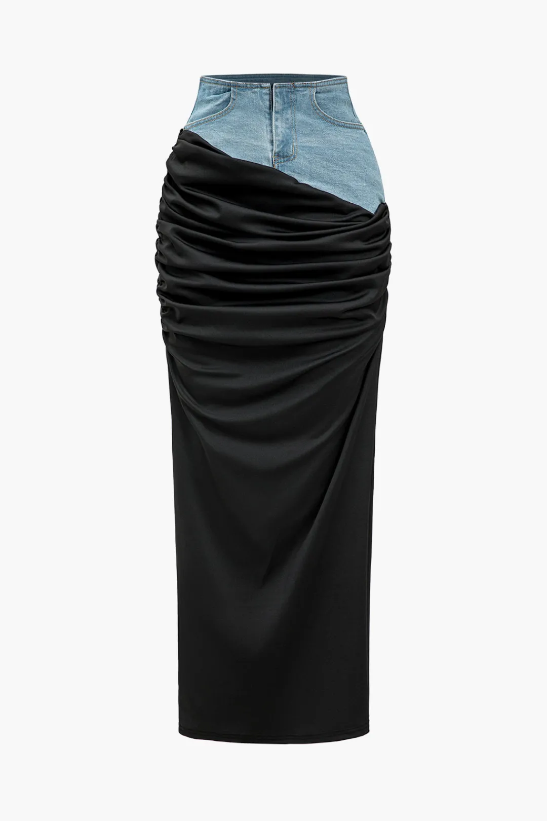 MICAS Skirts-Denim Patchwork Color Block Ruched Zipper Skirt BLACK