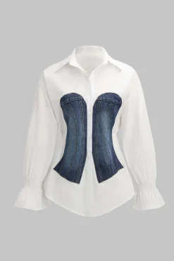 MICAS Long Sleeve Tops|Long Sleeves Tops-Denim Patchwork Corset Waist Long-Sleeve Shirt WHITE