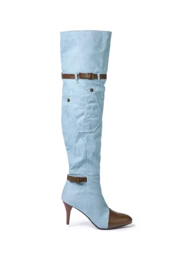 MICAS Shoes|Boots-Denim Patchwork High Heel Almond Toe Over The Knee Boots LIGHT WASH BLUE