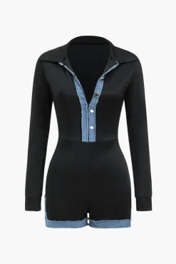 MICAS Jumpsuits & Rompers-Denim Patchwork Long Sleeve Button Romper BLACK
