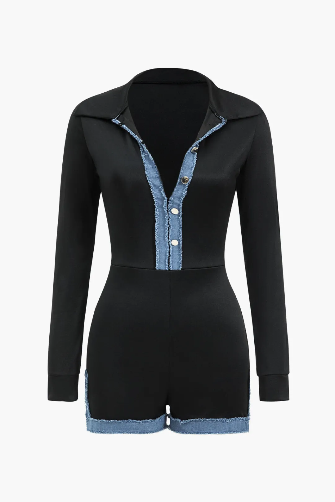 MICAS Jumpsuits & Rompers-Denim Patchwork Long Sleeve Button Romper BLACK