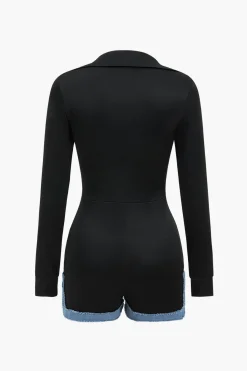 MICAS Jumpsuits & Rompers-Denim Patchwork Long Sleeve Button Romper BLACK