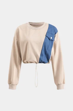 MICAS Pant Sets-Denim Patchwork Pocket Drawstring Top And Trousers Set TAN