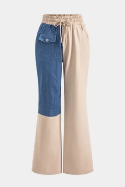 MICAS Pant Sets-Denim Patchwork Pocket Drawstring Top And Trousers Set TAN