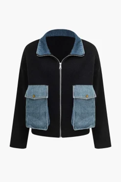 MICAS Outerwear|Outerwear-Denim Patchwork Pocket Sweater Cardigan