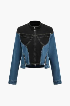 MICAS Outerwear|Outerwear-Denim Patchwork Pocket Zipper Outerwear DARK WASH BLUE