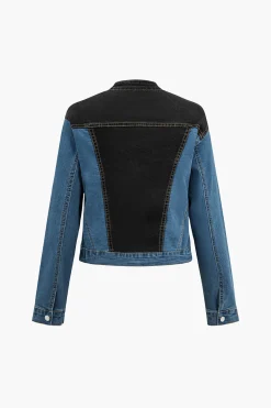 MICAS Outerwear|Outerwear-Denim Patchwork Pocket Zipper Outerwear DARK WASH BLUE