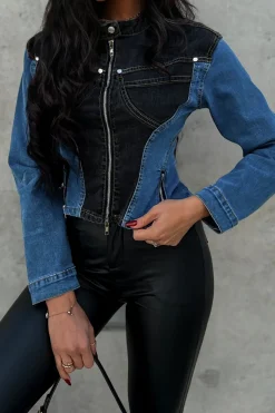 MICAS Outerwear|Outerwear-Denim Patchwork Pocket Zipper Outerwear DARK WASH BLUE