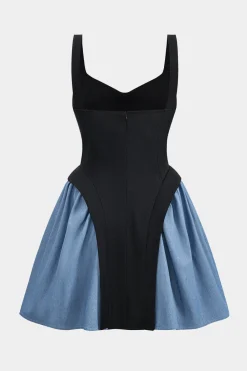 MICAS Mini Dresses-Denim Patchwork Ruched Sleeveless Mini Dress BLACK