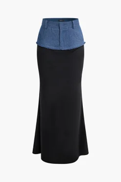 MICAS Skirts-Denim Patchwork Skirt BLACK