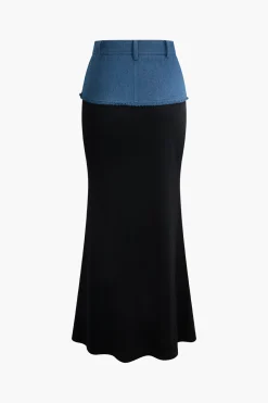 MICAS Skirts-Denim Patchwork Skirt BLACK