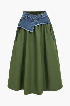 MICAS Skirts-Denim Patchwork Skirt MILITARY