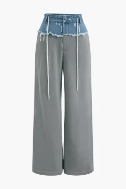 MICAS Pants-Denim Patchwork Wide Leg Trousers GRAY