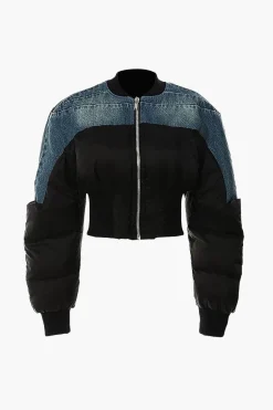 MICAS Outerwear|Outerwear-Denim Patchwork Zipper Detail Jacket BLACK