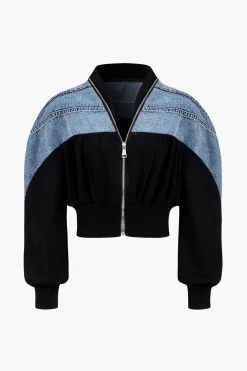 MICAS Outerwear|Outerwear-Denim Patchwork Zipper Jacket BLACK