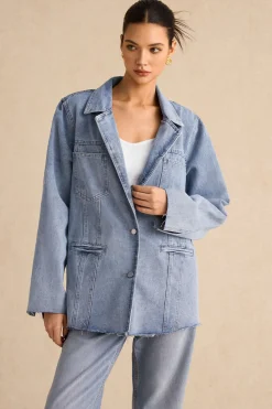 MICAS Outerwear|Outerwear-Denim Pocket Buttons Long Sleeve Outerwear LIGHT WASH BLUE