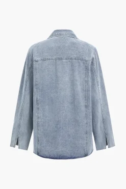 MICAS Outerwear|Outerwear-Denim Pocket Buttons Long Sleeve Outerwear LIGHT WASH BLUE