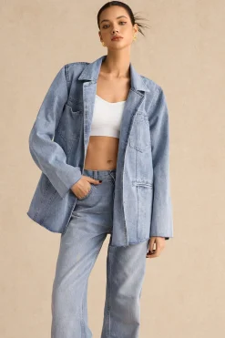 MICAS Outerwear|Outerwear-Denim Pocket Buttons Long Sleeve Outerwear LIGHT WASH BLUE