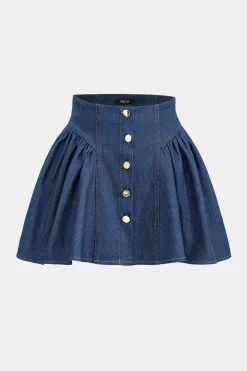 MICAS Skirts-Denim Ruched Button High Waist Skirt DARK WASH BLUE